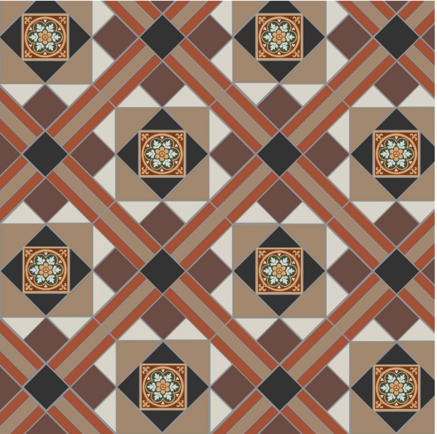 Lindisfarne Black, Brown, Red, Regency Bath & White with Livingstone Green on Buff
